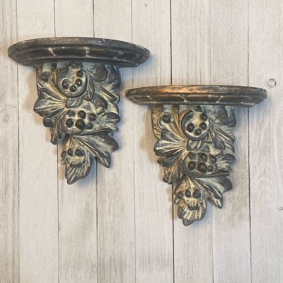 Pair Acanthus Leaf Ornate Wall Shelves Distressed Gold Brown Tan Tones Regency - Picture 1 of 12